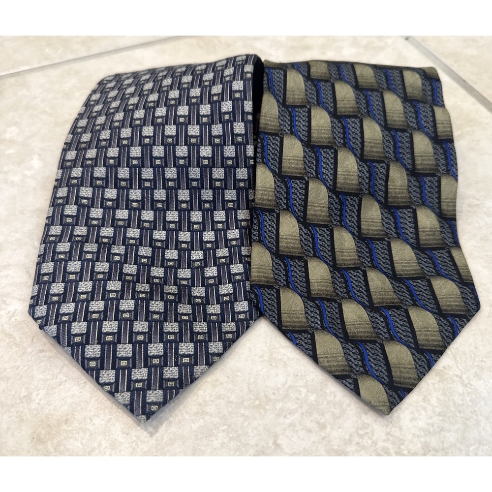 2 Louis Roth 100% Silk Men's tie Blue Geometric Pattern Career‎ Work Meeting
